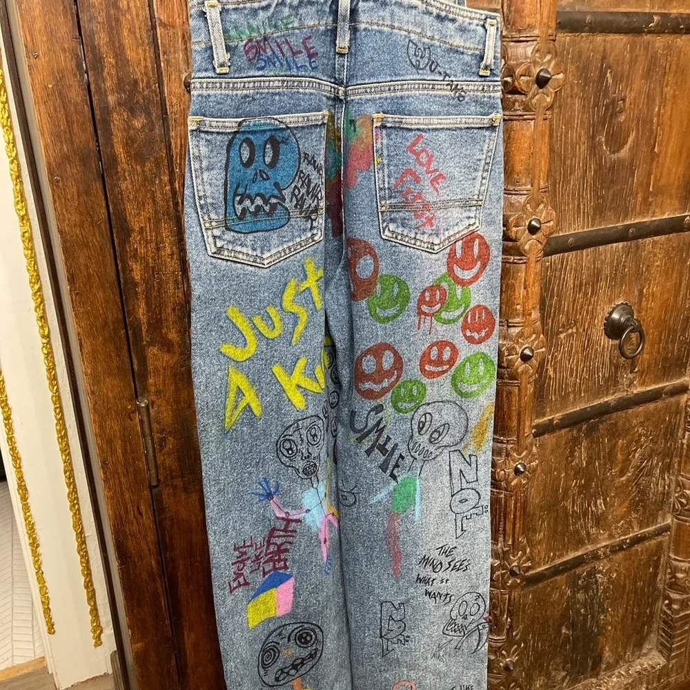 Vintage Esprit Hand-Painted Denim Overalls | 90s Graffiti Art Jeans | Size S - Picture 3 of 8